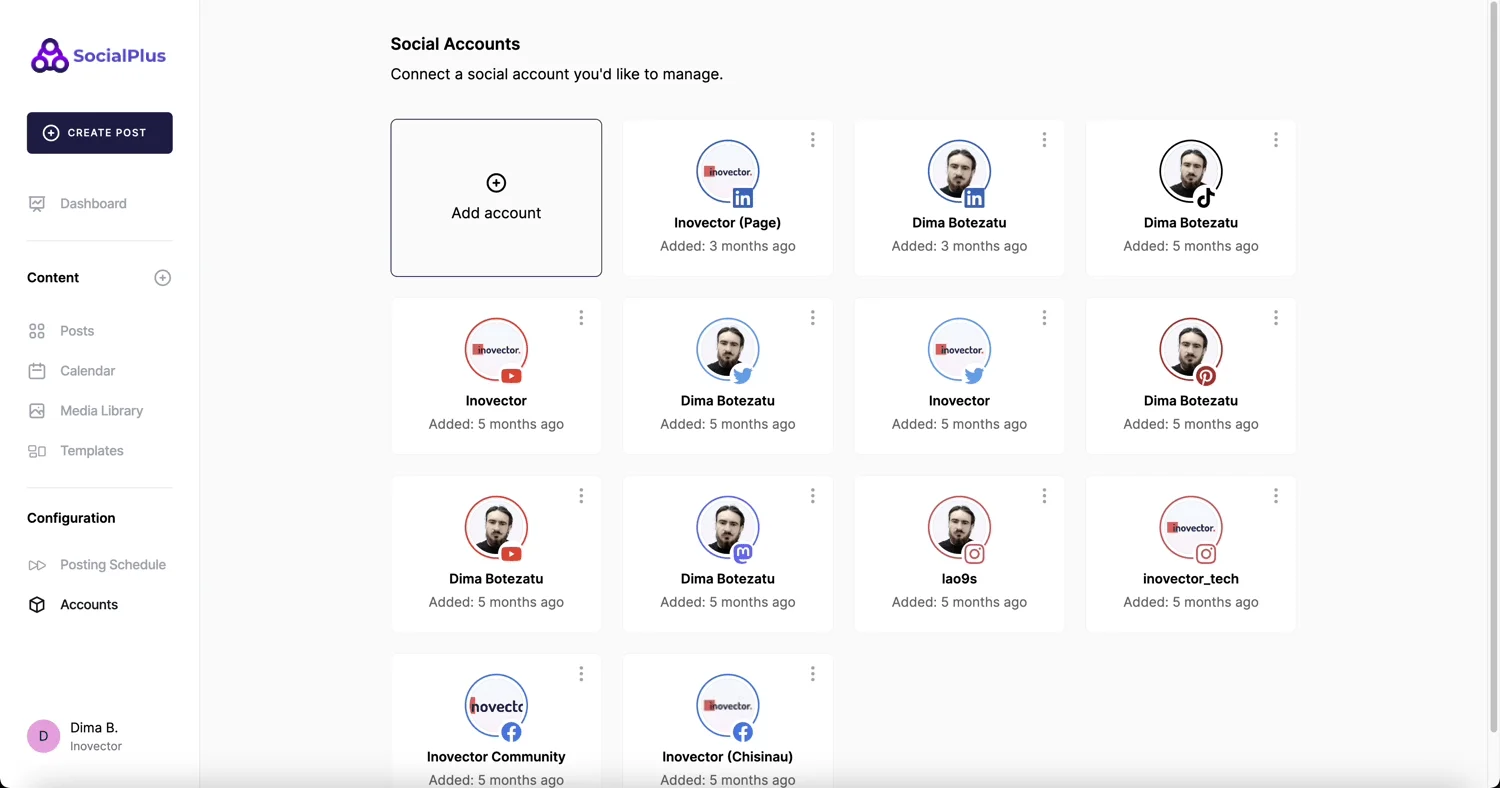 Strumento di gestione dei social media AI gratuito - SocialPlus AI - Account connessi