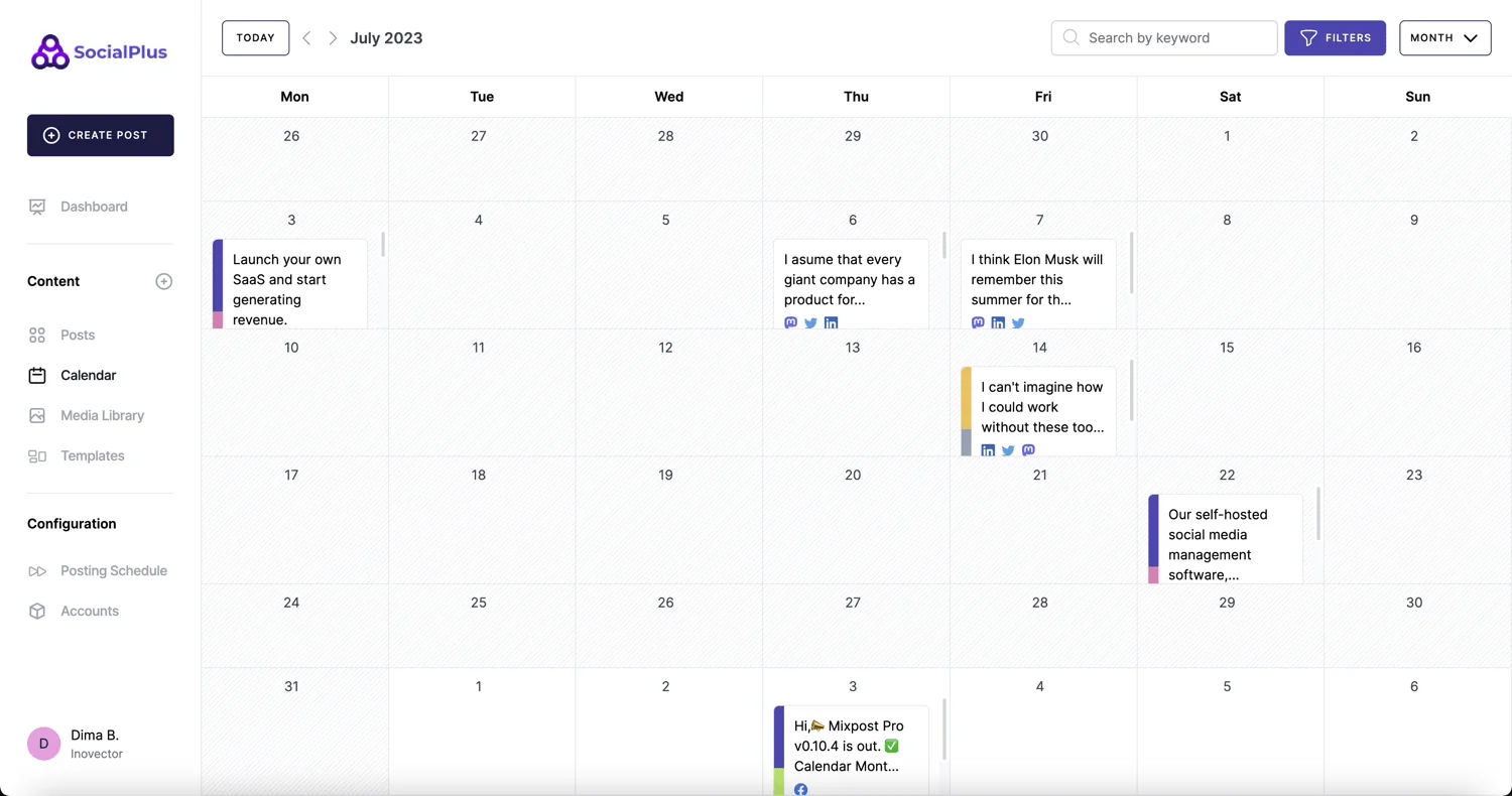 Outil gratuit de gestion des réseaux sociaux basé sur l'IA - SocialPlus AI - Calendrier mensuel