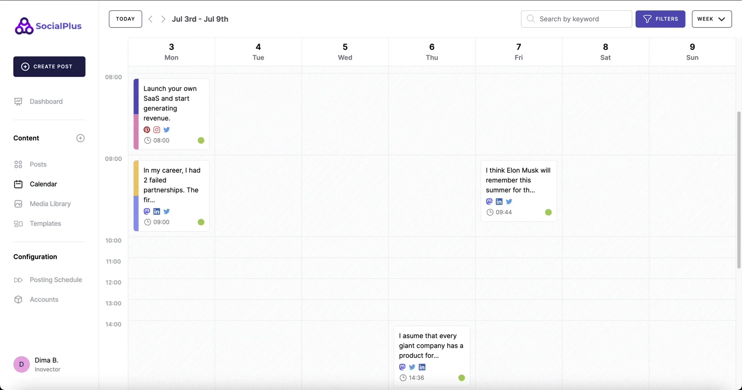 Free AI Social Media Management Tool - SocialPlus AI - Weekly Calendar